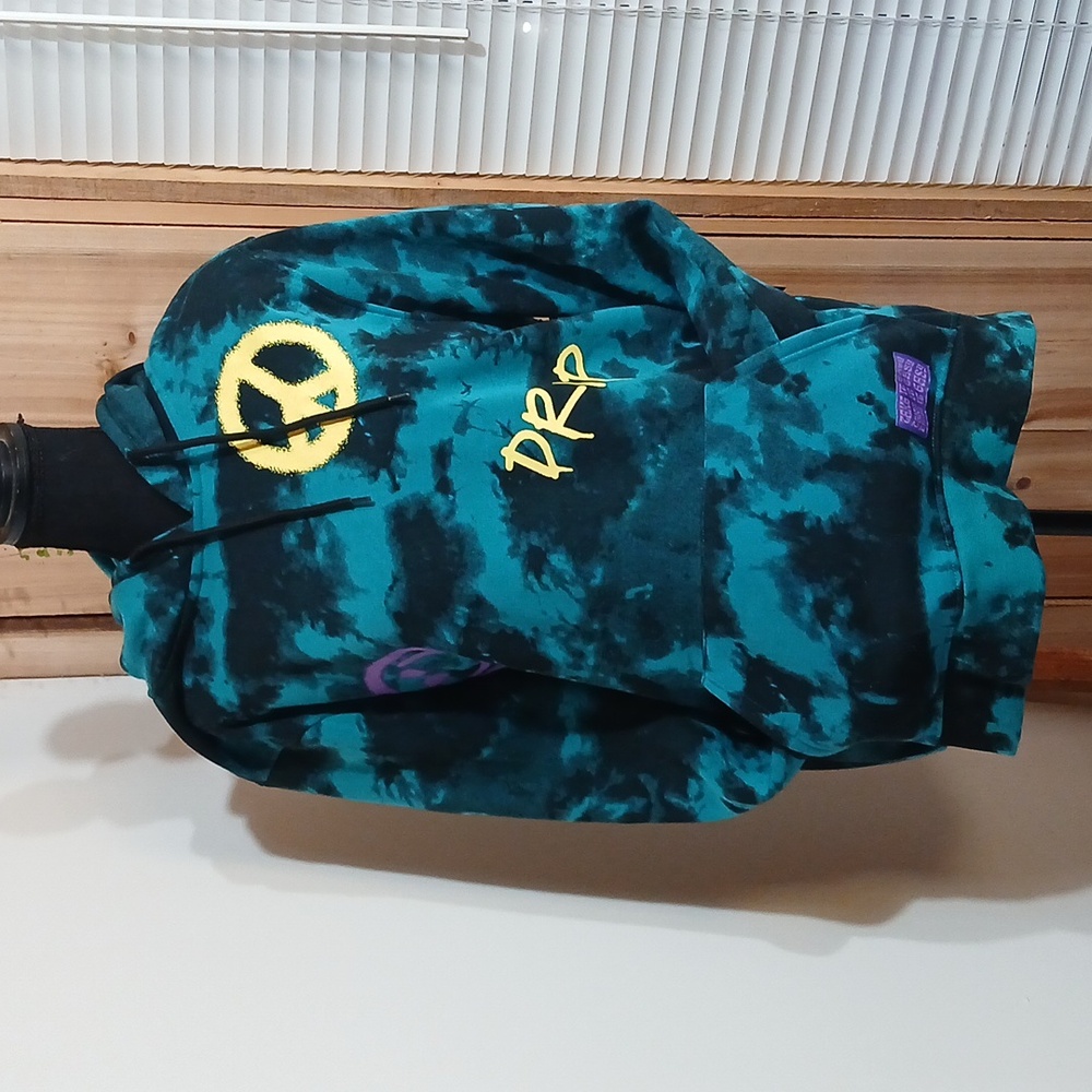 Teal and Black Tie-Dye Hoodie with Peace Sign Size XL